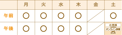 午前：9:00〜13：00 午後：15:00〜18：00 休診・・・金曜・日曜・祝日